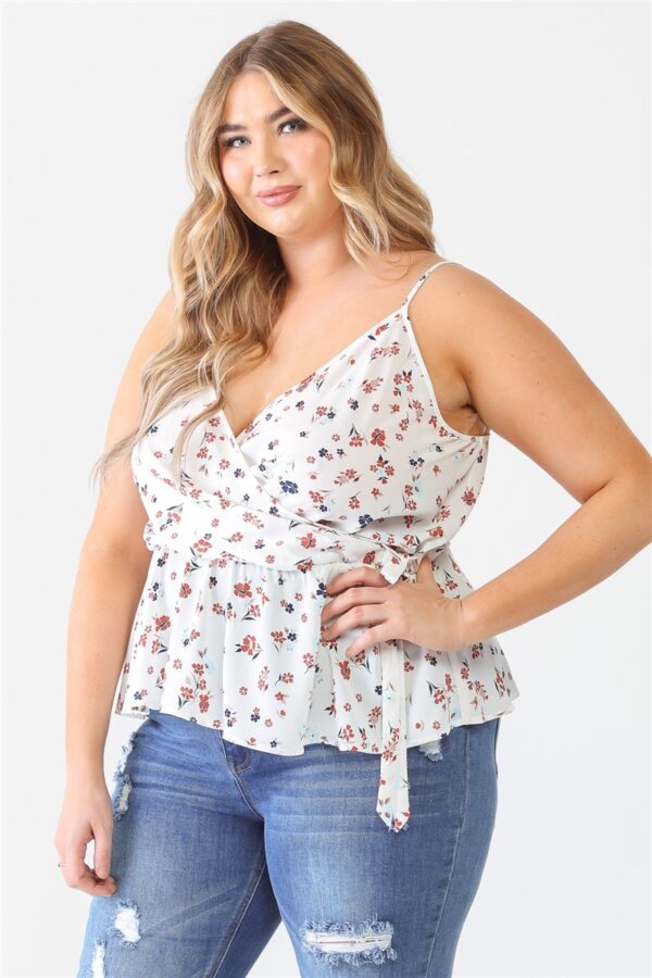 Plus Floral Sleeveless Wrap Neck Flare Hem Top Tops