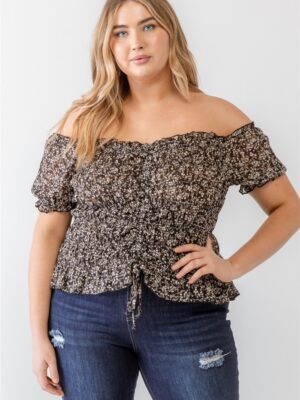 Plus Floral Chiffon Ruched Smocked Off-the-shoulder Top Tops