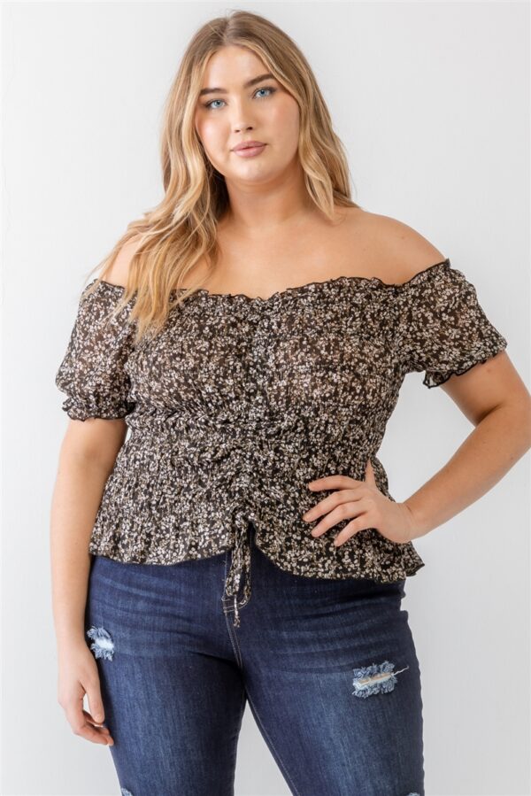 Plus Floral Chiffon Ruched Smocked Off-the-shoulder Top Tops