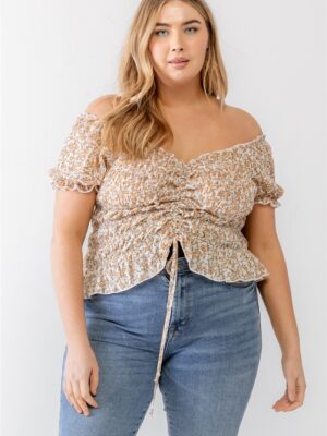 Plus Floral Chiffon Ruched Smocked Off-the-shoulder Top Tops