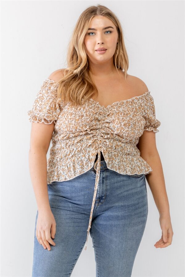 Plus Floral Chiffon Ruched Smocked Off-the-shoulder Top Tops