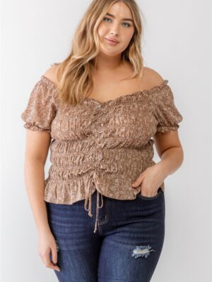 Plus Floral Chiffon Ruched Smocked Off-the-shoulder Top Tops