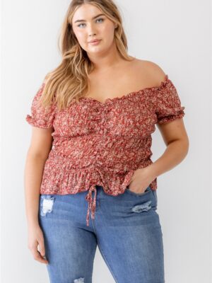 Plus Floral Chiffon Ruched Smocked Off-the-shoulder Top Tops