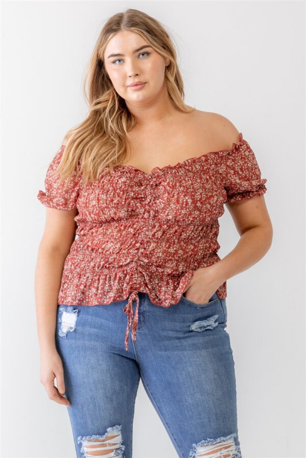 Plus Floral Chiffon Ruched Smocked Off-the-shoulder Top Tops