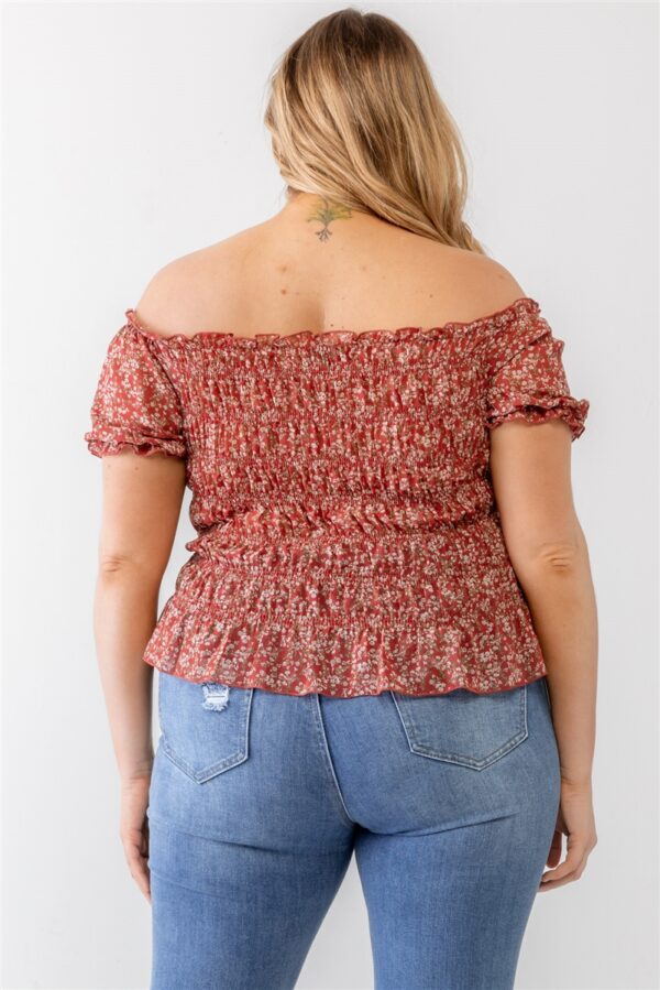 Plus Floral Chiffon Ruched Smocked Off-the-shoulder Top Tops