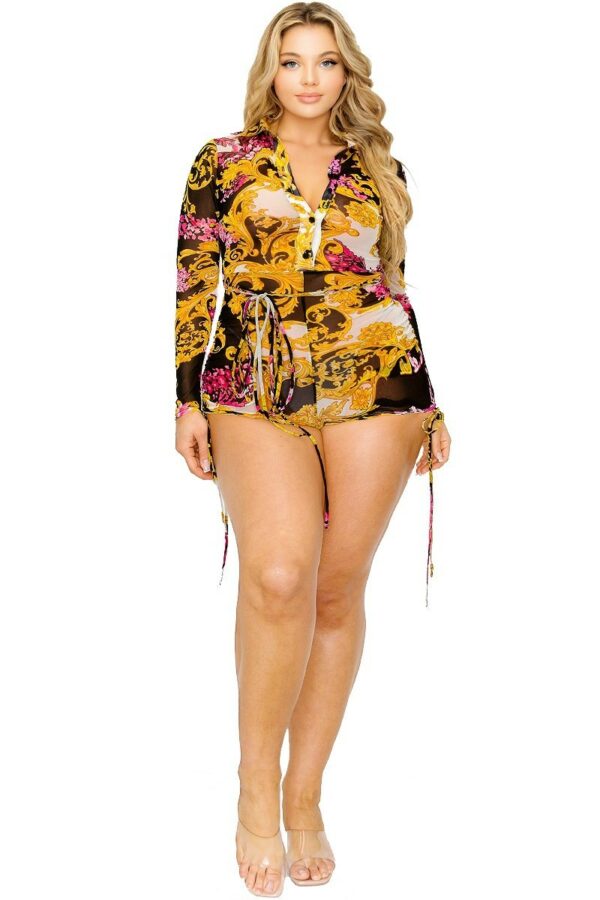 Plus gold & floral pattern print belted romer Rompers