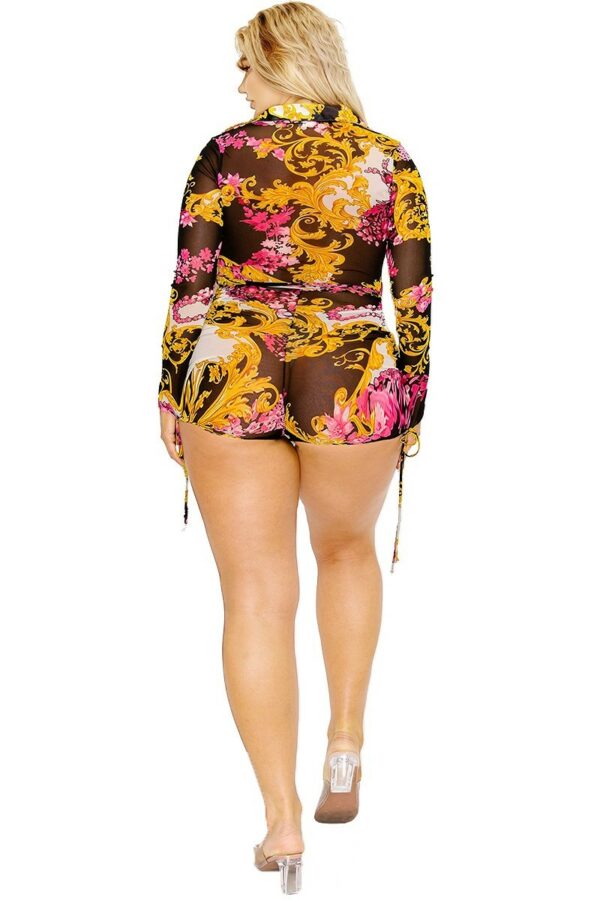 Plus gold & floral pattern print belted romer Rompers