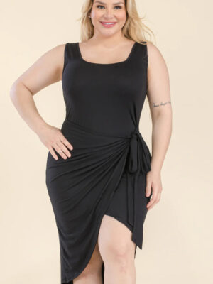 Plus Size Solid Wrap Front Tie Side Midi Dress Basics