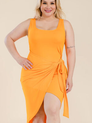 Plus Size Solid Wrap Front Tie Side Midi Dress Basics