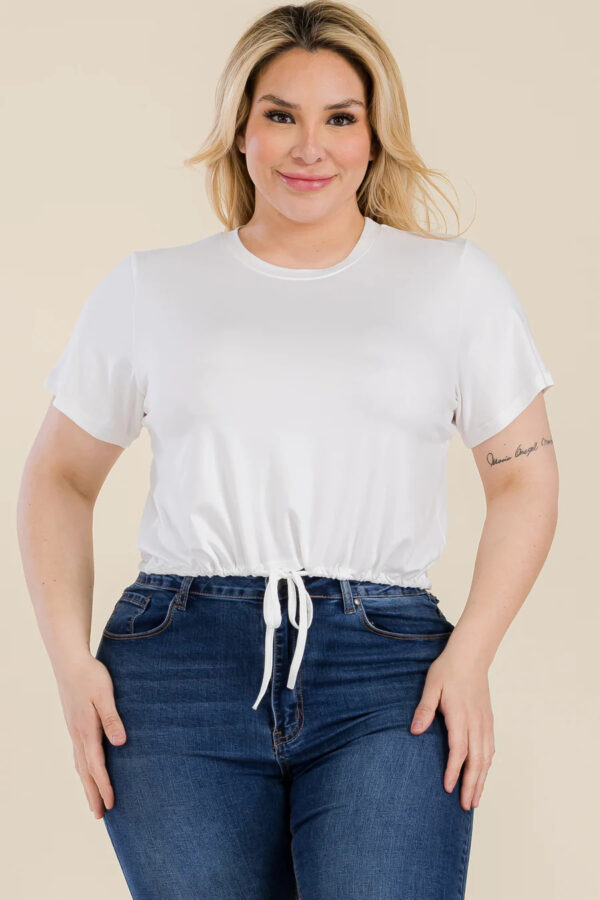 Plus Size Tie Front Drawstring Short Sleeve Crop Top Tops