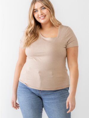 Plus Taupe Waffle Knit Angled Neck Short Sleeve Top Tops