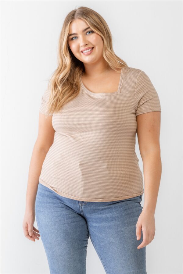 Plus Taupe Waffle Knit Angled Neck Short Sleeve Top Tops