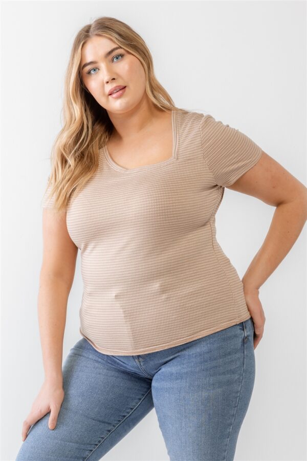 Plus Taupe Waffle Knit Angled Neck Short Sleeve Top Tops