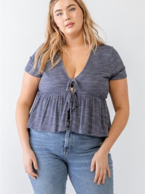 Plus Denim Blue Ribbed U-shape Neck Flare Hem Tie Top Tops