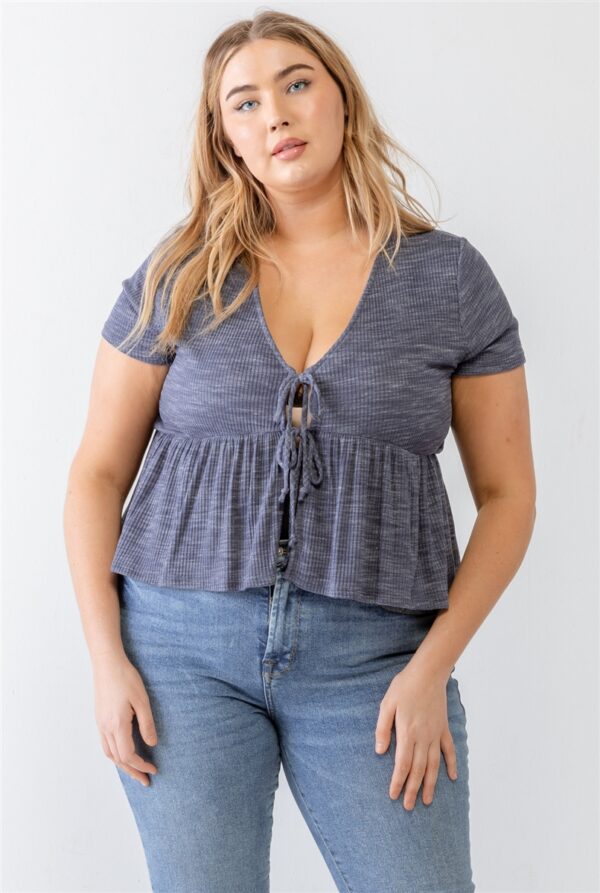 Plus Denim Blue Ribbed U-shape Neck Flare Hem Tie Top Tops