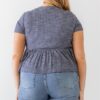 Plus Denim Blue Ribbed U-shape Neck Flare Hem Tie Top Tops