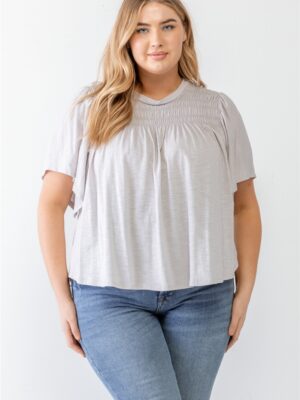 Plus Grey Cotton Blend Smoked Short Sleeve Top Tops