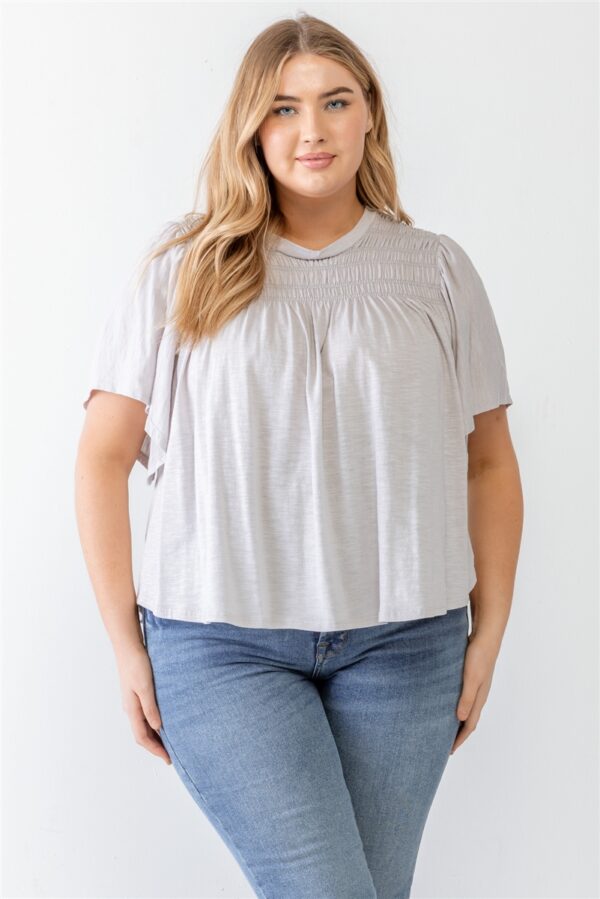 Plus Grey Cotton Blend Smoked Short Sleeve Top Tops