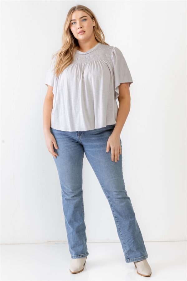 Plus Grey Cotton Blend Smoked Short Sleeve Top Tops