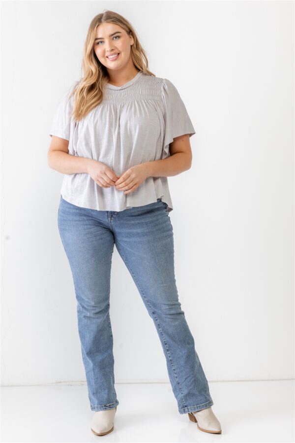 Plus Grey Cotton Blend Smoked Short Sleeve Top Tops