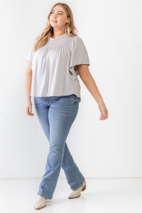 Plus Grey Cotton Blend Smoked Short Sleeve Top Tops