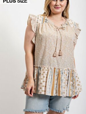 Woven Prints Mixed And Sleeveless Flutter Top With Tassel Tie Tops