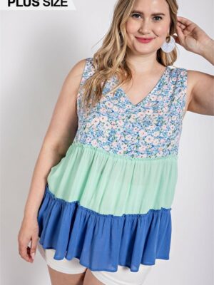 Floral Color Block Ruffle Detail Tiered V-neck Top Tops