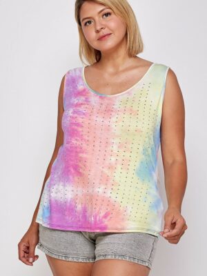 Tie Dye Tank With Studded Detail, Loose Fit, Easy Casual Wear Tops