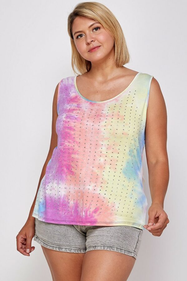 Tie Dye Tank With Studded Detail, Loose Fit, Easy Casual Wear Tops