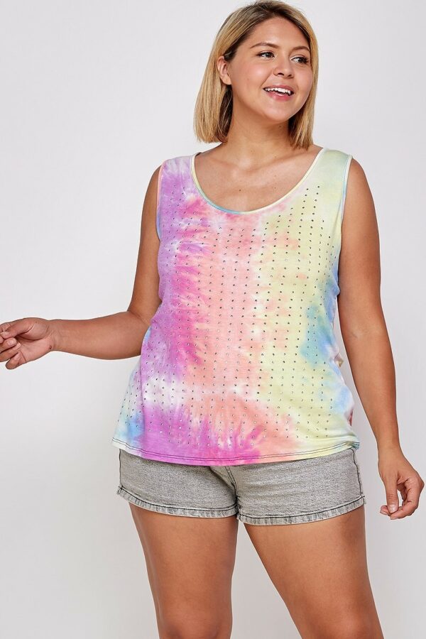 Tie Dye Tank With Studded Detail, Loose Fit, Easy Casual Wear Tops