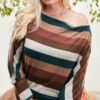 Boat Neck Long Bubble Sleeve Multi Stripe Print Knit Top Tops