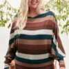 Boat Neck Long Bubble Sleeve Multi Stripe Print Knit Top Tops