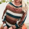 Boat Neck Long Bubble Sleeve Multi Stripe Print Knit Top Tops