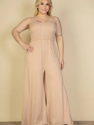 Plus Size Button Front Wide Leg Jumpsuit Rompers