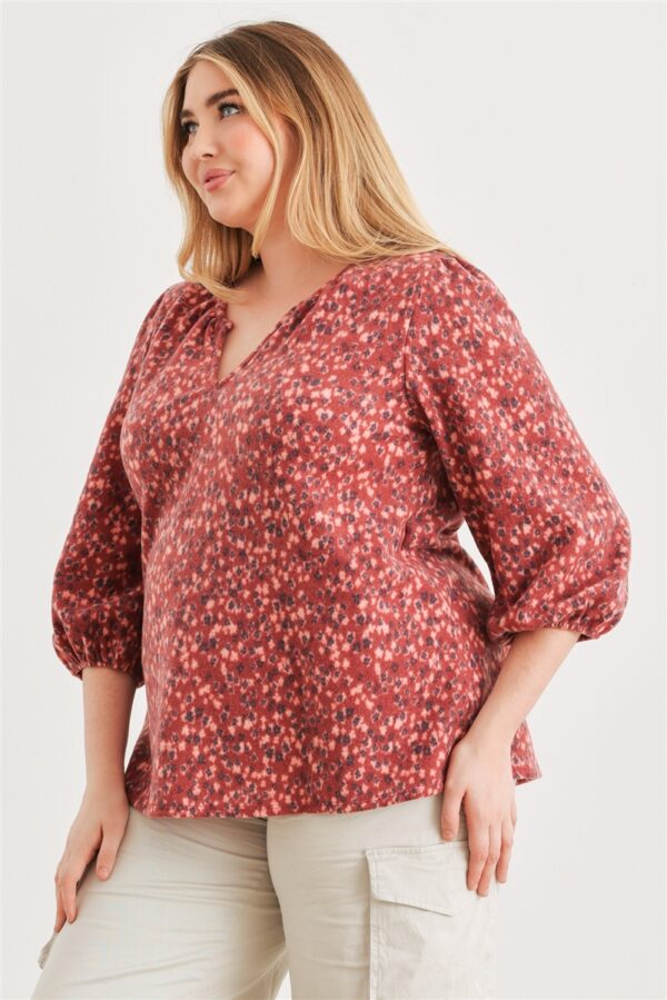 Plus Burgundy Floral V-neck Midi Sleeve Soft To Touch Top Tops