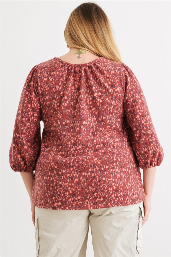 Plus Burgundy Floral V-neck Midi Sleeve Soft To Touch Top Tops