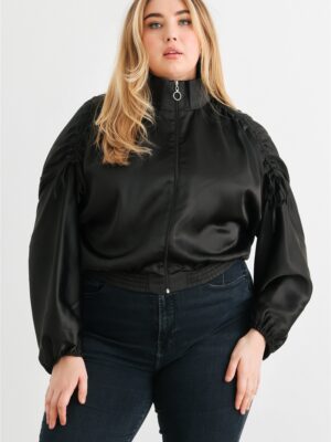 Plus Satin Zip-up Ruched Long Sleeve Cropped Bomber Jacket outerwear