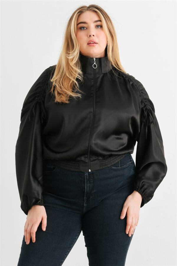 Plus Satin Zip-up Ruched Long Sleeve Cropped Bomber Jacket outerwear