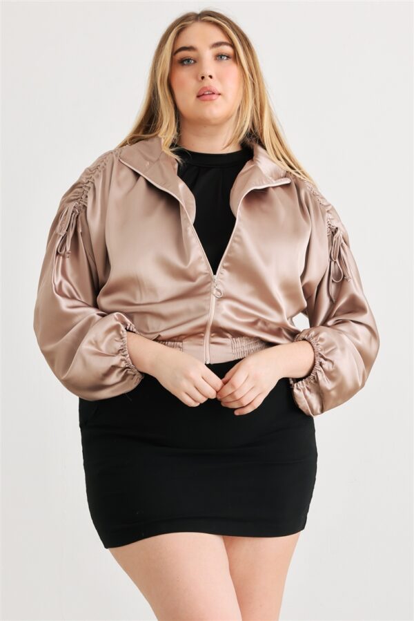 Plus Satin Zip-up Ruched Long Sleeve Cropped Bomber Jacket outerwear