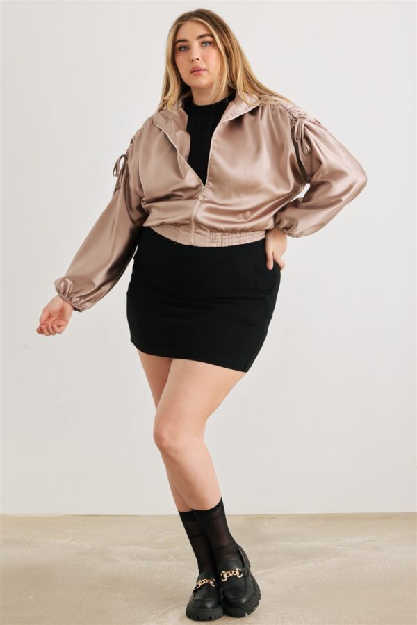 Plus Satin Zip-up Ruched Long Sleeve Cropped Bomber Jacket outerwear