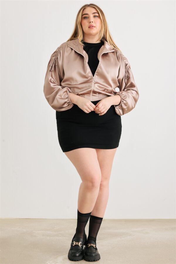 Plus Satin Zip-up Ruched Long Sleeve Cropped Bomber Jacket outerwear