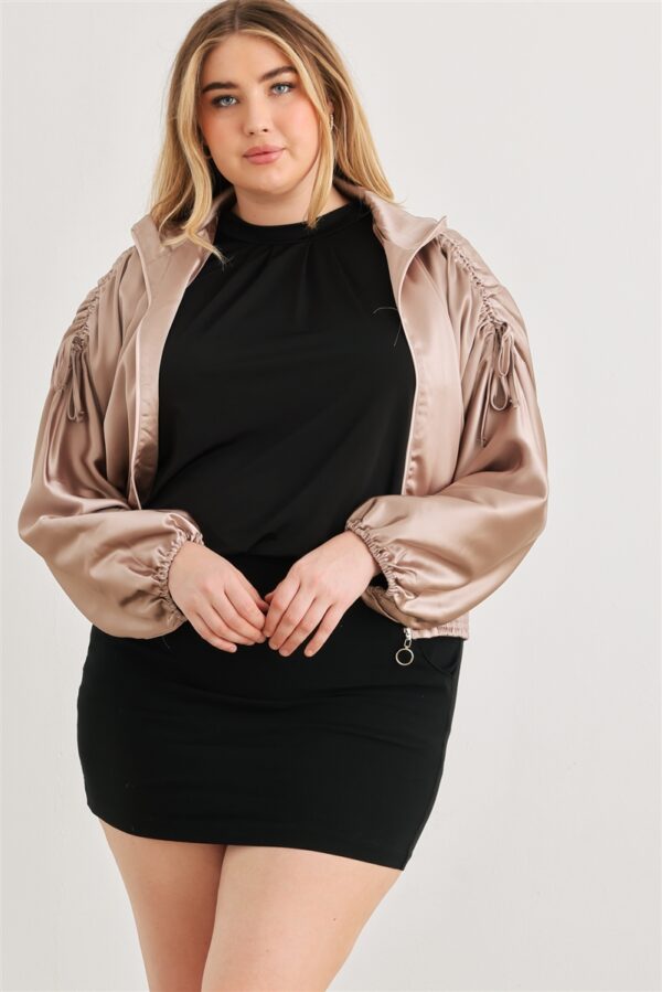 Plus Satin Zip-up Ruched Long Sleeve Cropped Bomber Jacket outerwear