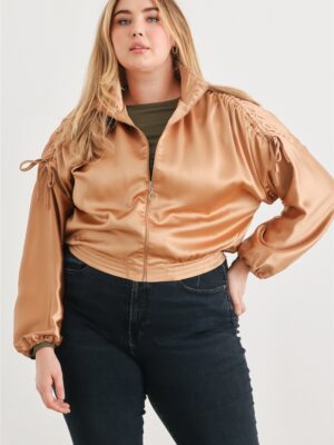 Plus Satin Zip-up Ruched Long Sleeve Cropped Bomber Jacket outerwear