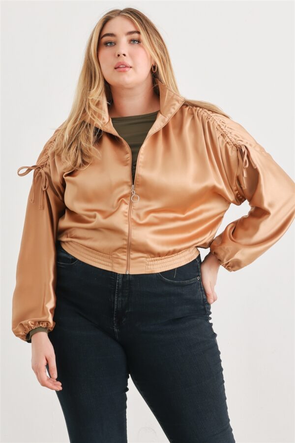 Plus Satin Zip-up Ruched Long Sleeve Cropped Bomber Jacket outerwear