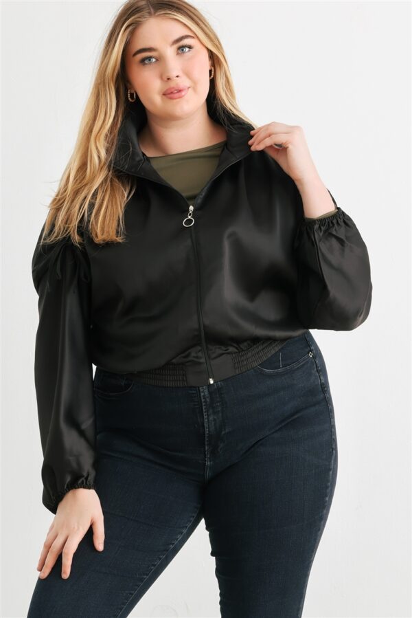 Plus Satin Zip-up Ruched Long Sleeve Cropped Bomber Jacket outerwear