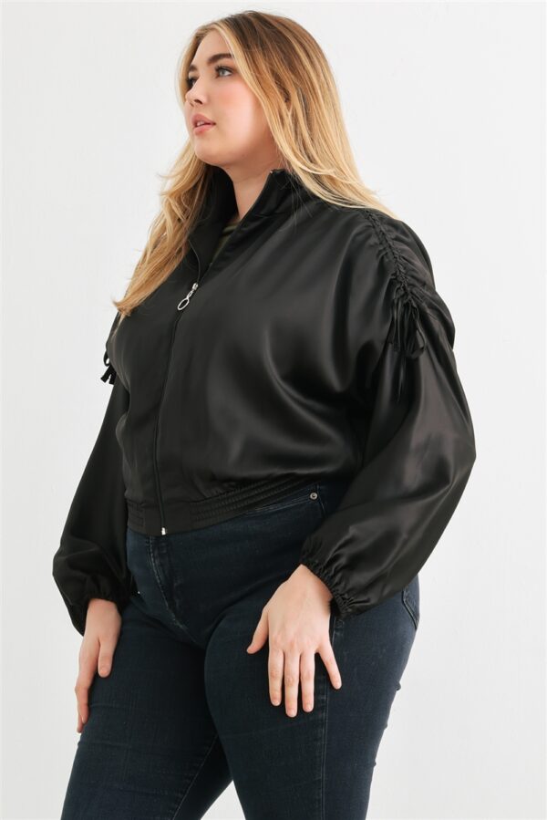 Plus Satin Zip-up Ruched Long Sleeve Cropped Bomber Jacket outerwear