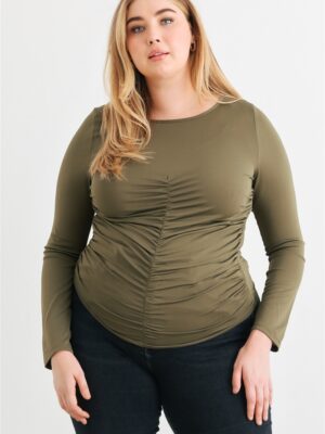 Plus Olive Ruched Long Sleeve Top Tops