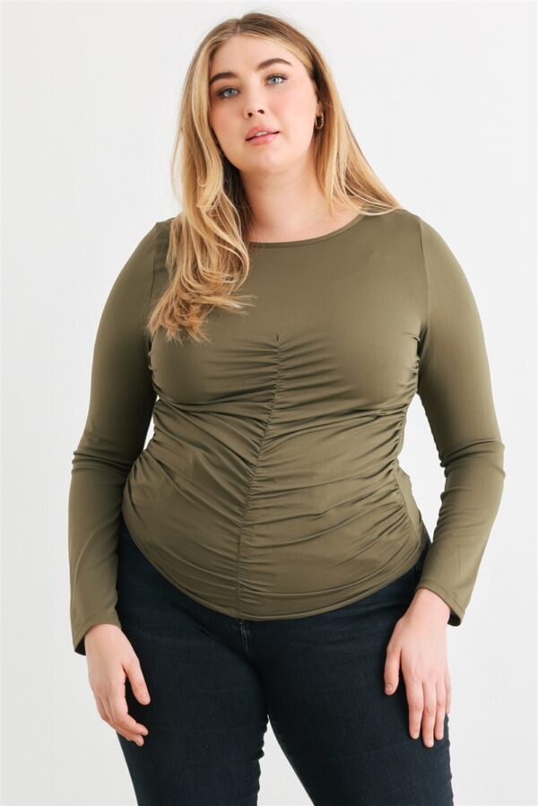 Plus Olive Ruched Long Sleeve Top Tops