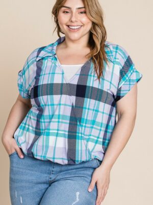 Plus Size Multi Colored Check Printed Casual Collared Short Sleeve Top Tops