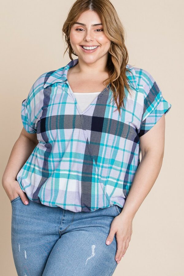 Plus Size Multi Colored Check Printed Casual Collared Short Sleeve Top Tops